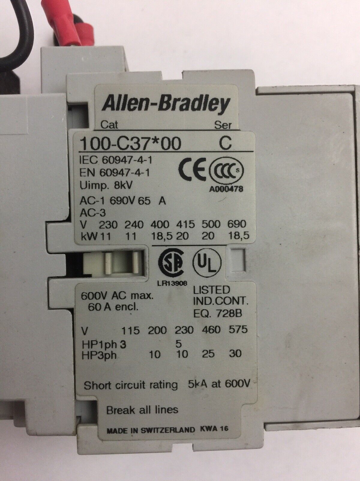 ALLEN BRADLEY 100-C37*00 CONTACTOR SER C 60A 600VAC COIL 120/110V 60/50HZ 100-F