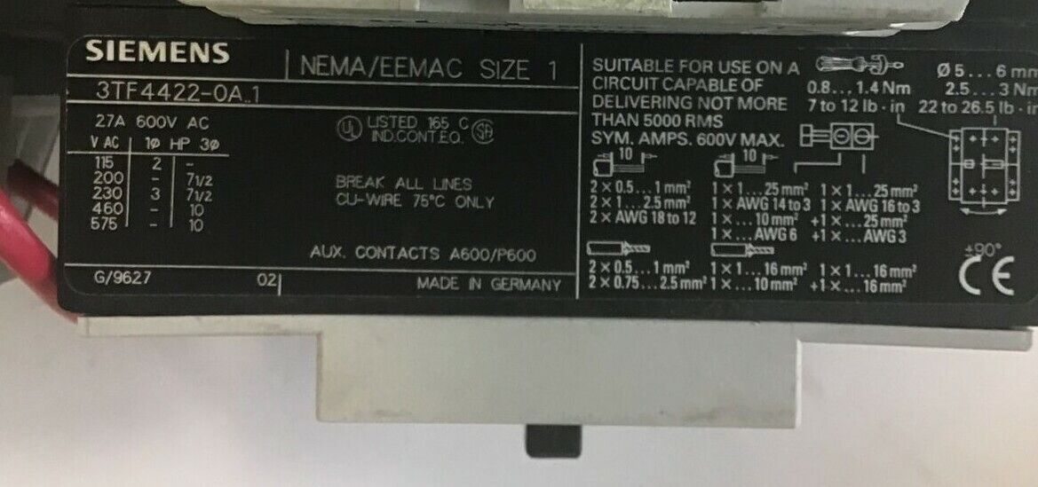 SIEMENS 3TF4422-0A..1 CONT.W/AUX CONTACT 3TY756-1A&3TY75611B W 3UA5500-1J RELAY