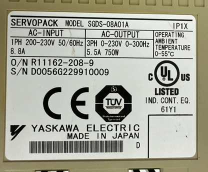YASKAWA SGDS-08A01A SERVOPACK OUTPUT 3PH 0-230VAC 5.5A 750W INPUT 1PH 200-230VAC