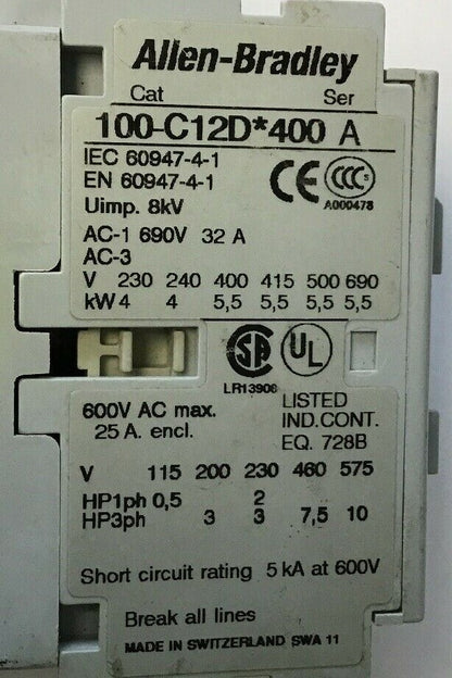ALLEN BRADLEY 100-C12D*400 CONTACTOR SER,A 690V 32A 600VAC COIL 24VDC