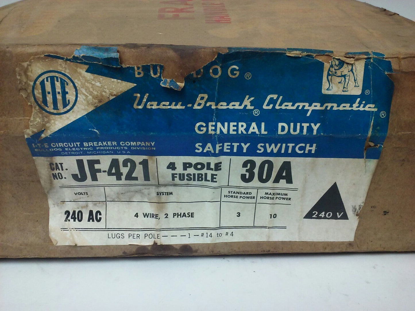 ITE BULLDOG JF421, FUSIBLE SAFETY SWITCH, 30A, 240VAC, H.P.10, 2PH, 4P, NEW
