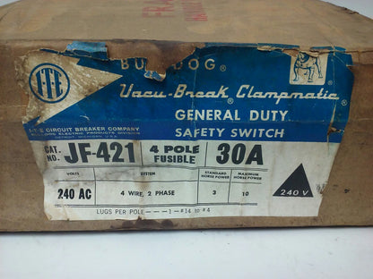 ITE BULLDOG JF421, FUSIBLE SAFETY SWITCH, 30A, 240VAC, H.P.10, 2PH, 4P, NEW