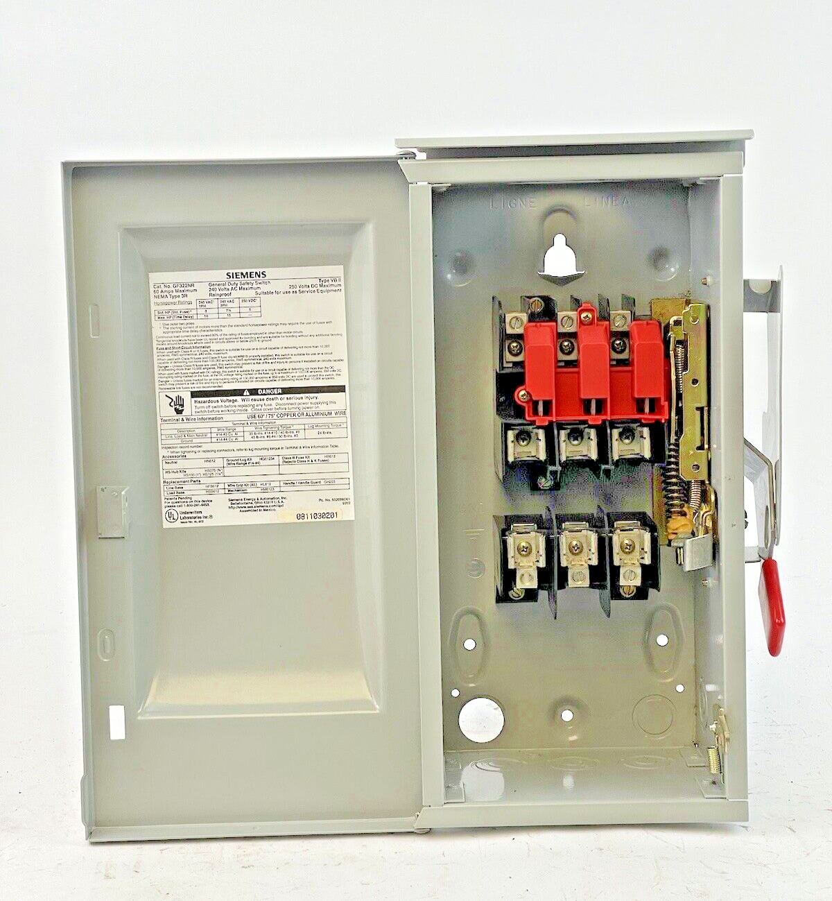 SIEMENS - GF322NR -  RAINPROOF SAFETY SWITCH - 3 POLE, 60A, 240 VAC, TYPE 3R