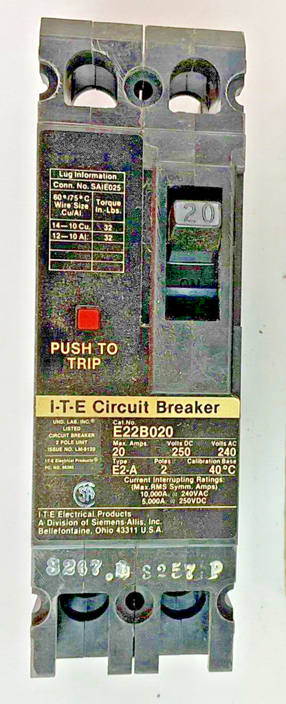 SIEMENS E22B020 CIRCUIT BREAKER FRAME E 240VAC 2POLE 20AMP