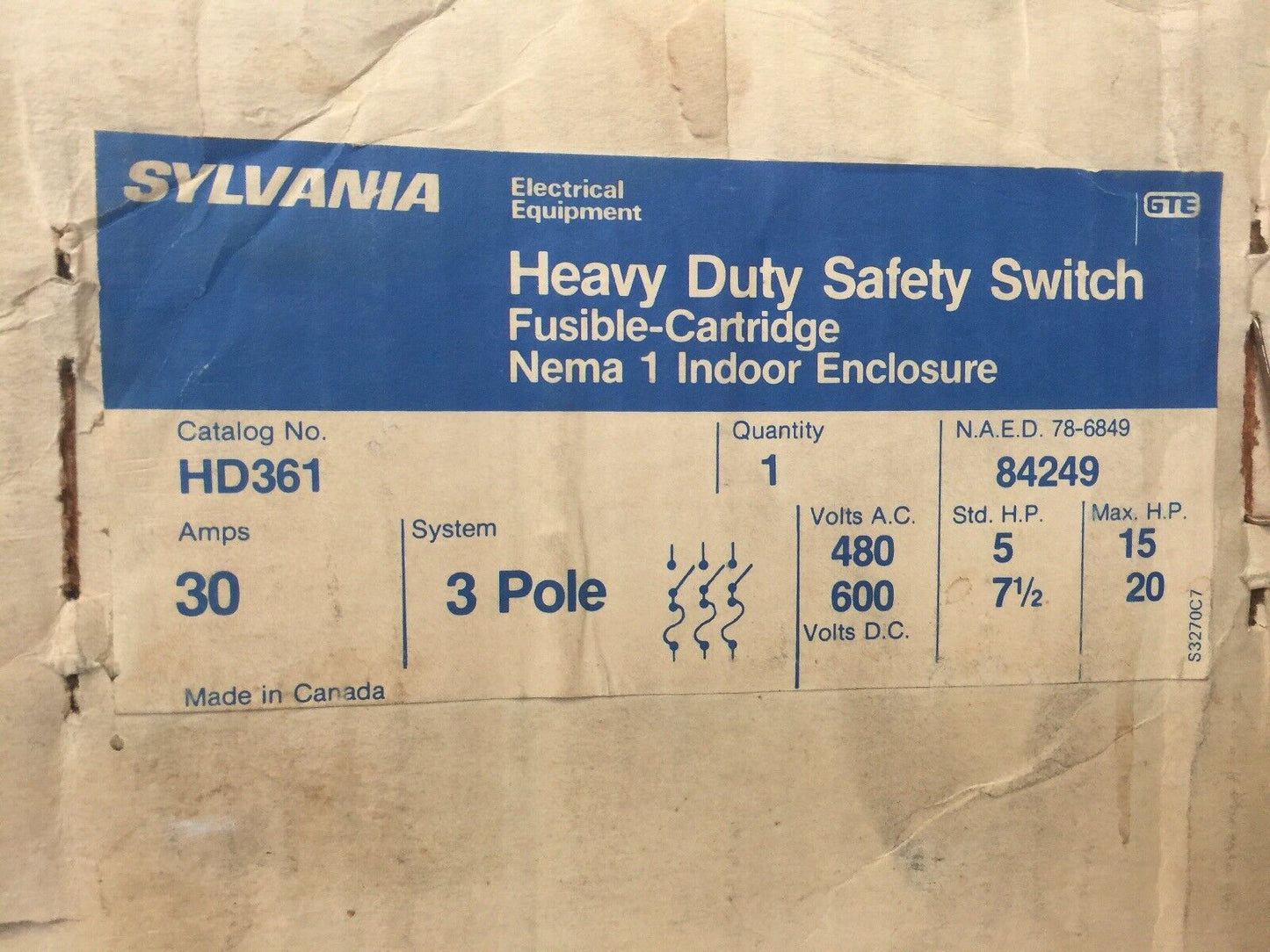 SYLVANIA HD361 FUSIBLE HEAVY DUTY SAFETY SWITCH 30AMP 480/600VAC 20HP 3 PHASE