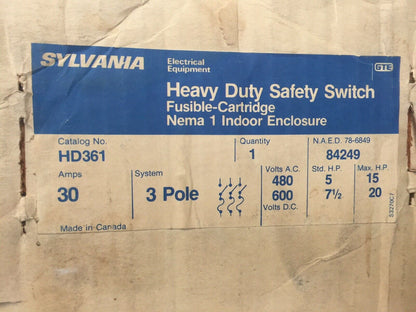 SYLVANIA HD361 FUSIBLE HEAVY DUTY SAFETY SWITCH 30AMP 480/600VAC 20HP 3 PHASE