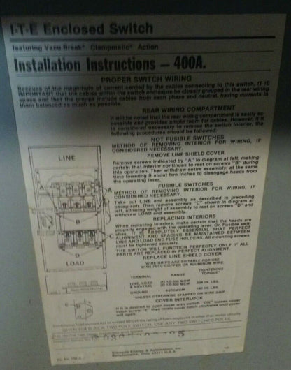 ITE NF355 SERIES A NON FUSIBLE SAFETY SWITCH 3P 400A 600VAC/250VDC 350HP TYPE 1