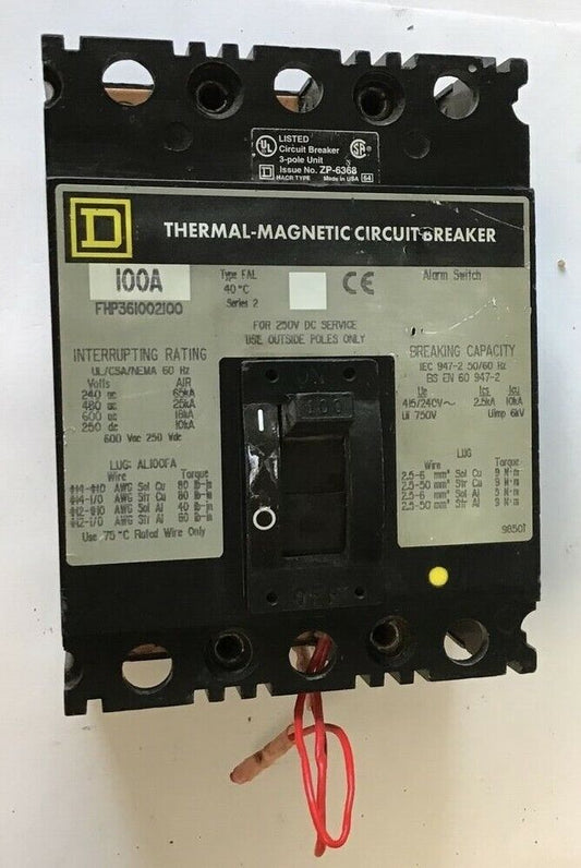 SQUARE D FHP361002100 CIRCUIT BREAKER 100A 600VAC 250VDC