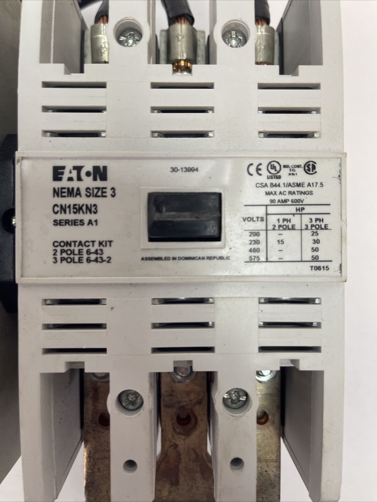 CUTLER HAMMER EATON CN15KN3 SIZE 3 REVERSING CONTACTOR SER A1 600VAC 90A 50HP