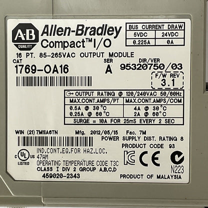ALLEN BRADLEY 1769-OA16 SER A F/W REV 3.1 DIR/VER 95320750/03 16PT 85-265VAC