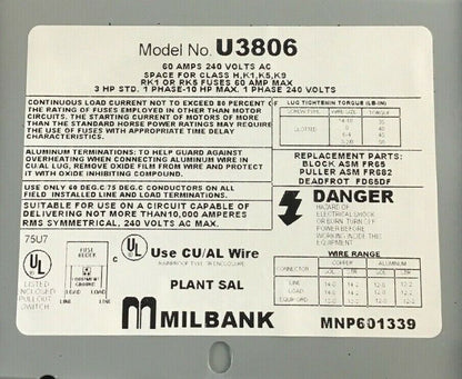 MILBANK ENCLOSURE 60A  1PH 240VAC U3806 3HP STD. 10HP MAX