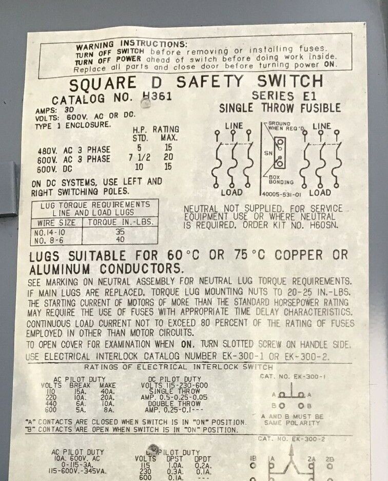 SQUARE D  H361 NON FUSIBLE DISCONNECT SWITCH SER.E1  30A 600VAC/DC