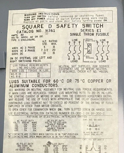 SQUARE D  H361 NON FUSIBLE DISCONNECT SWITCH SER.E1  30A 600VAC/DC