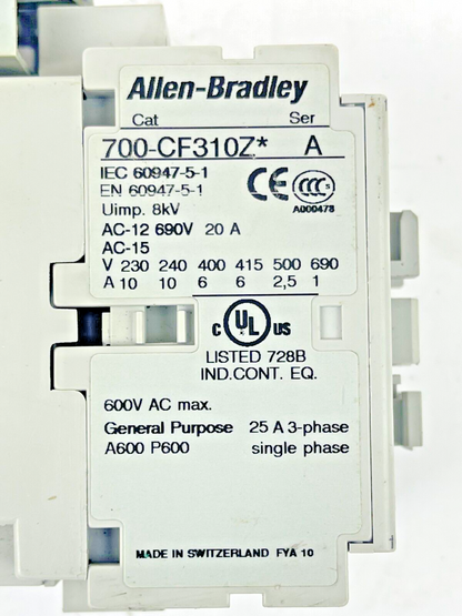 ALLEN BRADLEY - 700-CF310Z* SER. A 25VDC COIL - 100-S SER. B - 100-FSD250 SER. A