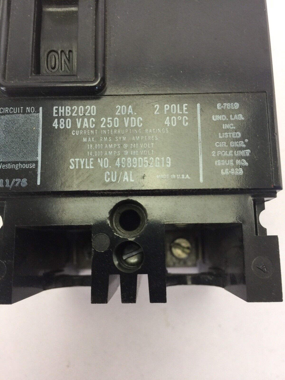 WESTINGHOUSE EHB2020 CIRCUIT BREAKER 20AMP 2POLE 480VAC 250VDC 4989D52G19