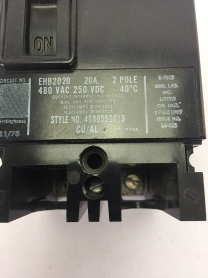 WESTINGHOUSE EHB2020 CIRCUIT BREAKER 20AMP 2POLE 480VAC 250VDC 4989D52G19