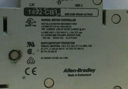 ALLEN BRADLEY 1492-CB1 G100 CIR.BREAKER 277VAC 65VDC 10A 2HP SER.C**(LOTOF6)**