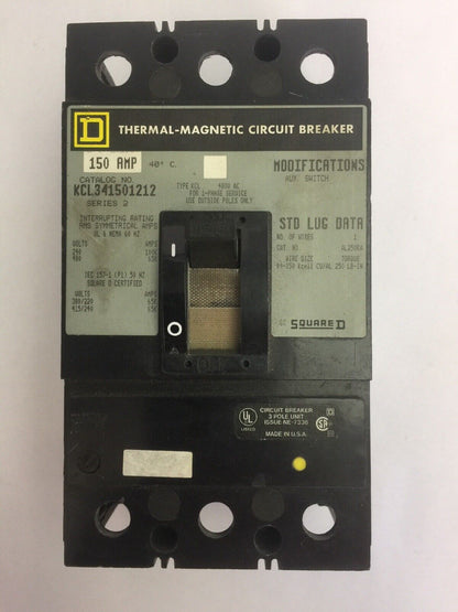 SQUARE D KCL341501212 THERMAL-MAGNETIC CIRCUIT BREAKER 480VAC 150A 3 POLE SER 2