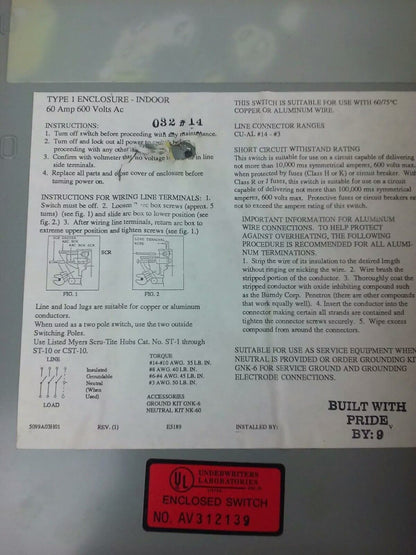 WESTINGHOUSE, HUN362, SAFETY SWITCH, 60A, 600V, 3P, TYPE 1 INDOOR, MISSING PARTS
