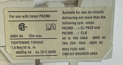 MOELLER CL-PKZ 0 CURRENT LIMITER 50/60HZ 63A 600VAC