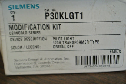 SIEMENS P30KLGT1 / PILOT LIGHT TRANSFORMER TYPE / 120V GREEN "OFF" NEW SURPLUS