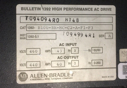 ALLEN BRADLEY 1392-B100-RK-MC-C2-A-F1-F3 AC DRIVE INPUT 460VAC 43A OUTPUT 440VAC