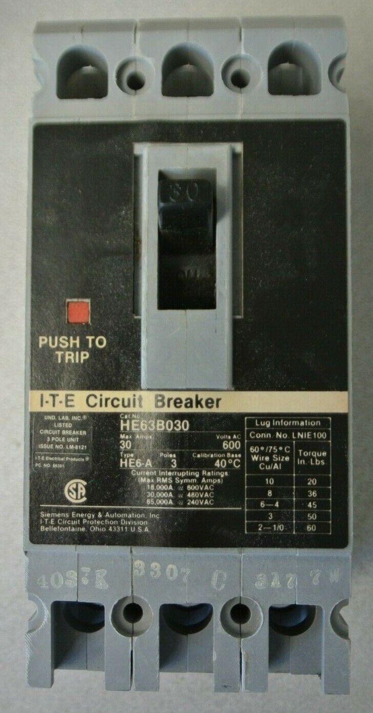 I-T-E / SIEMENS HE63B030 CIRCUIT BREAKER / 3-POLE / 30A / 600VAC / NEW SURPLUS