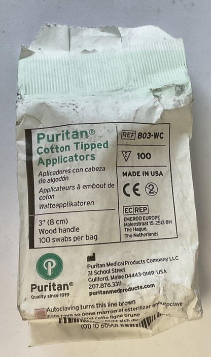 PURITAN 803-WC COTTON TIPPEDAPPLICATORS 3" WOOD HANDLE QTY. 100 IN BAG