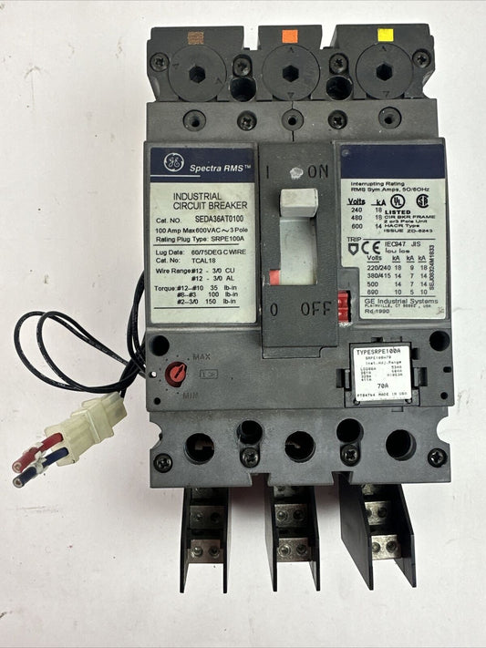 GE SEDA36AT0100 INDUSTRIAL CIRCUIT BREAKER 100A 600VAC 3P TYPESRPE100A 70A TRIP