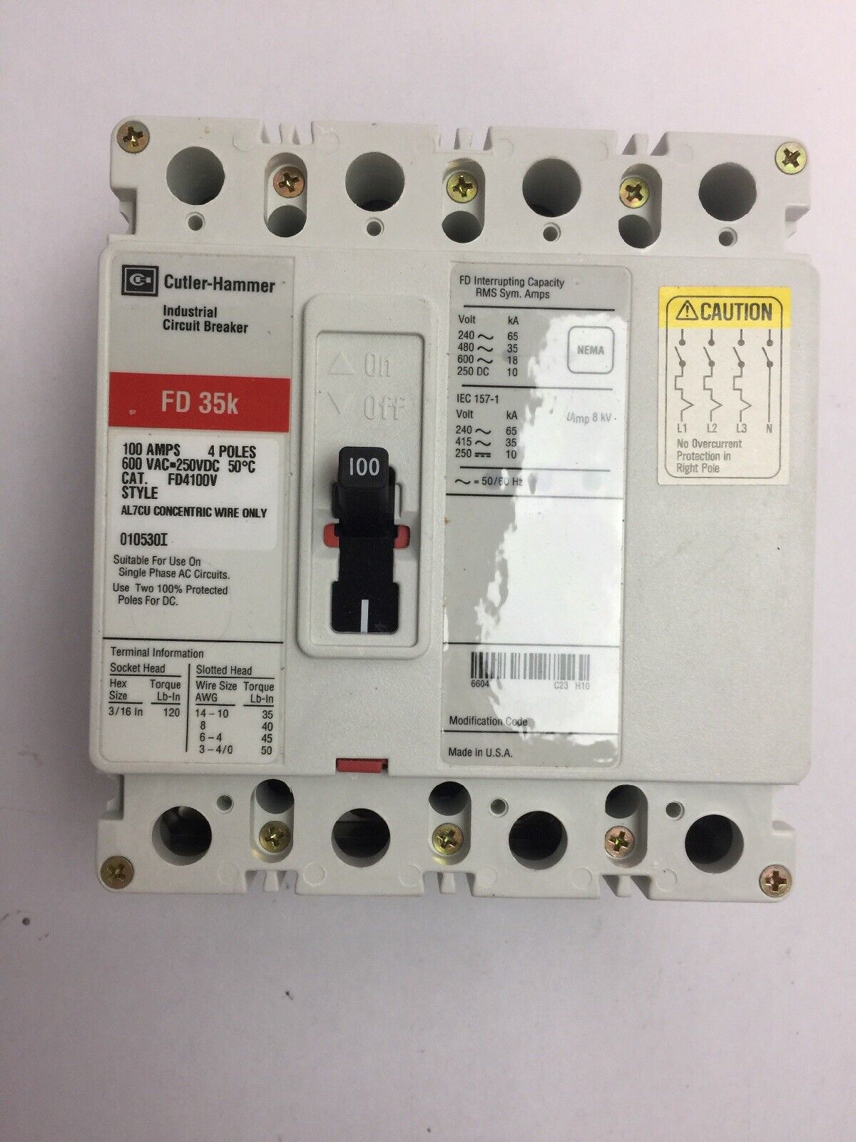 CUTLER-HAMMER FD4100V INDUSTRIAL CIRCUIT BREAKER 600VAC 250VDC 100AMP 4 POLES