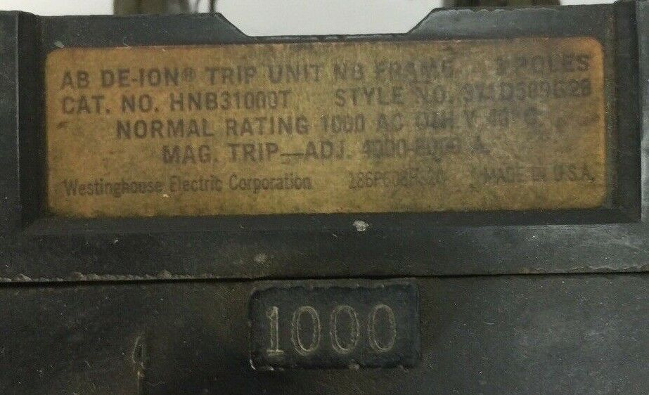 WESTINGHOUSE HNB31000T TRIP UNIT 1000AMP 3POLE 371D589G28