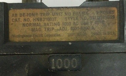 WESTINGHOUSE HNB31000T TRIP UNIT 1000AMP 3POLE 371D589G28