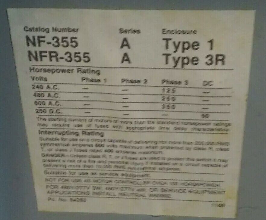 ITE NF355 SERIES A NON FUSIBLE SAFETY SWITCH 3P 400A 600VAC/250VDC 350HP TYPE 1