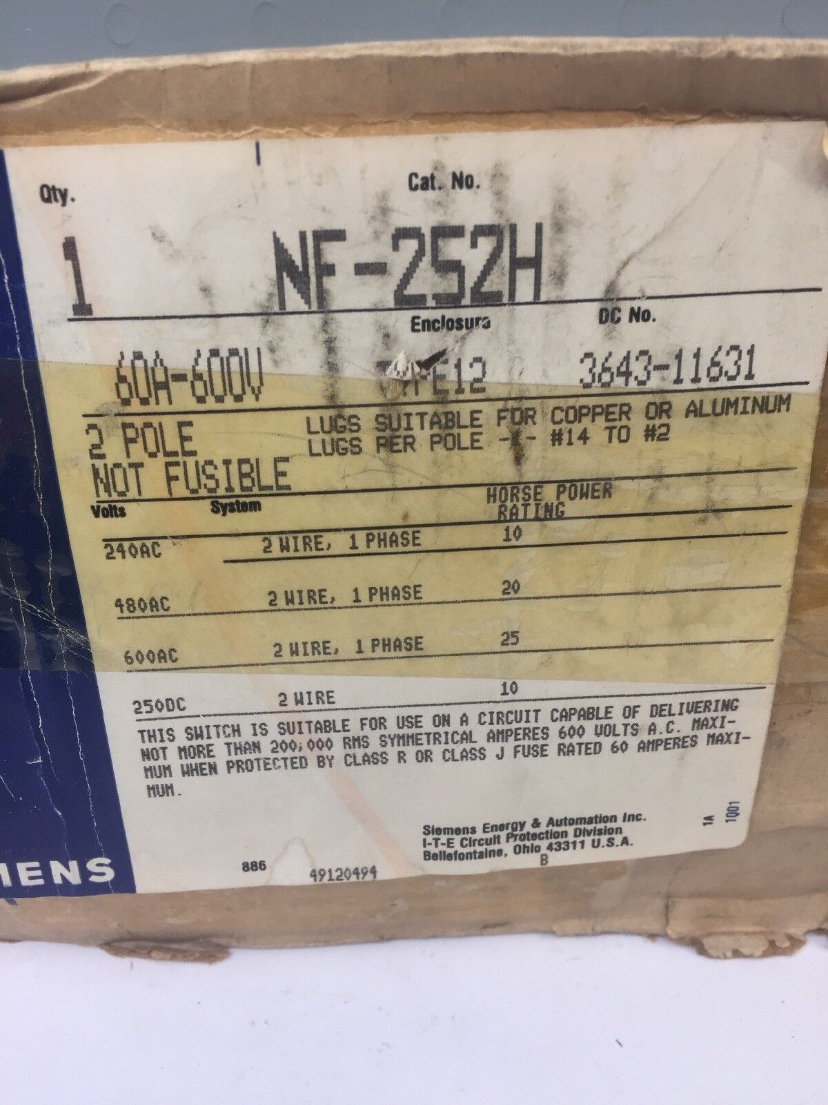 I-T-E SIEMENS NF252H HEAVY DUTY ENCLOSED SWITCH 60A 600VAC 2 POLE NON-FUSIBLE