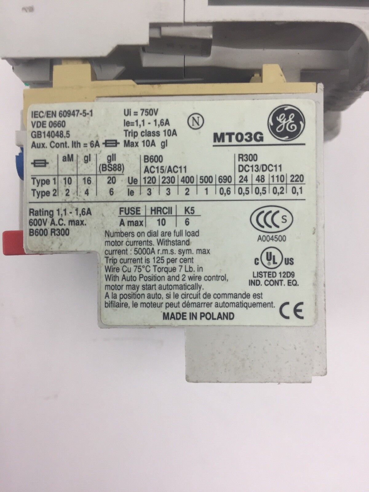 GE MC0C310AT CONTACTOR 20A 600VAC 50/60HZ W/ MT03G OVERLOAD RELAY 1.1-1.6A