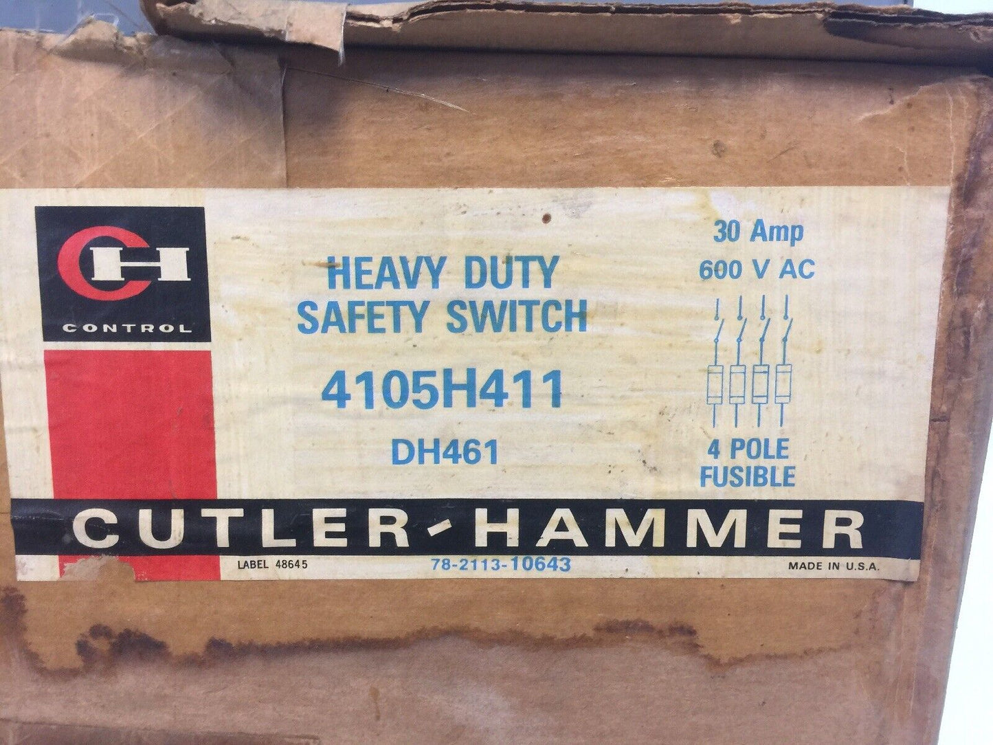 CUTLER HAMMER 4105H411 HEAVY DUTY FUSIBLE SAFETY SWITCH 600VAC 30AMP 4 POLES