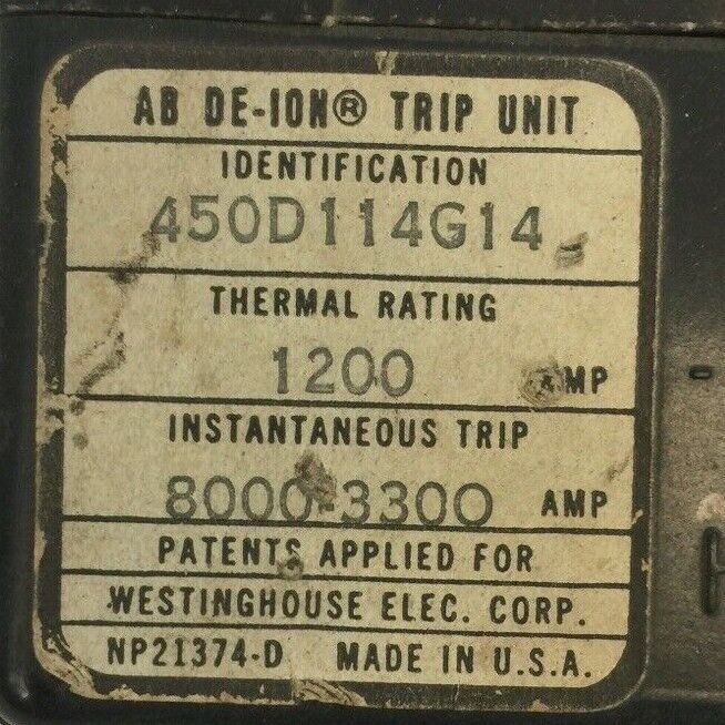 WESTINGHOUSE 450D114G14 AB DE-ION TRIP UNIT 3POLE 1200AMP