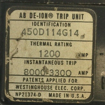 WESTINGHOUSE 450D114G14 AB DE-ION TRIP UNIT 3POLE 1200AMP