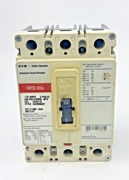 EATON - CUTLER-HAMMER - HFD3110 - CIRCUIT BREAKER - 3POLE/110A/600 VAC/HFD65K