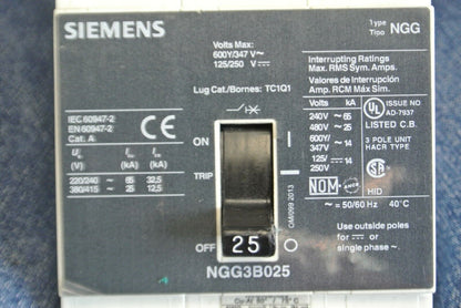 SIEMENS NGG3B025 CIRCUIT BREAKER / 25A / 600Y/347V / 125/250V / 3-POLE