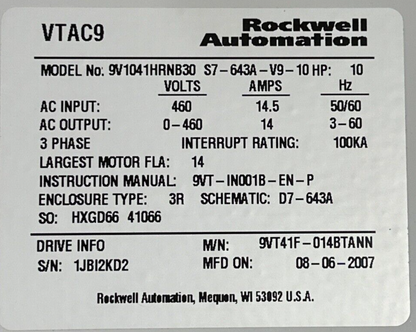 ROCKWELL AUTOMATION VTAC 9 HVAC DRIVE 9V1041HRNB30 S7-643A-V9-10 460VAC 10HP