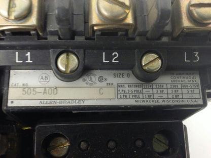 ALLEN BRADLEY 505-AOD, SER. C, REVERSING STARTER, SIZE 0, 600V, 120V COIL, USED