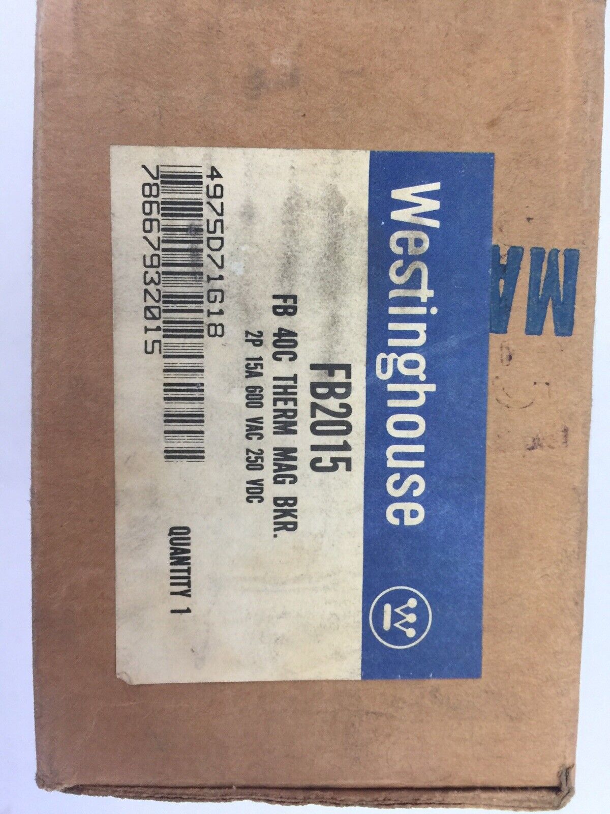 WESTINGHOUSE FB2015 CIRCUIT BREAKER 15AMP 2POLE 600VAC 250VDC 4975D71G18