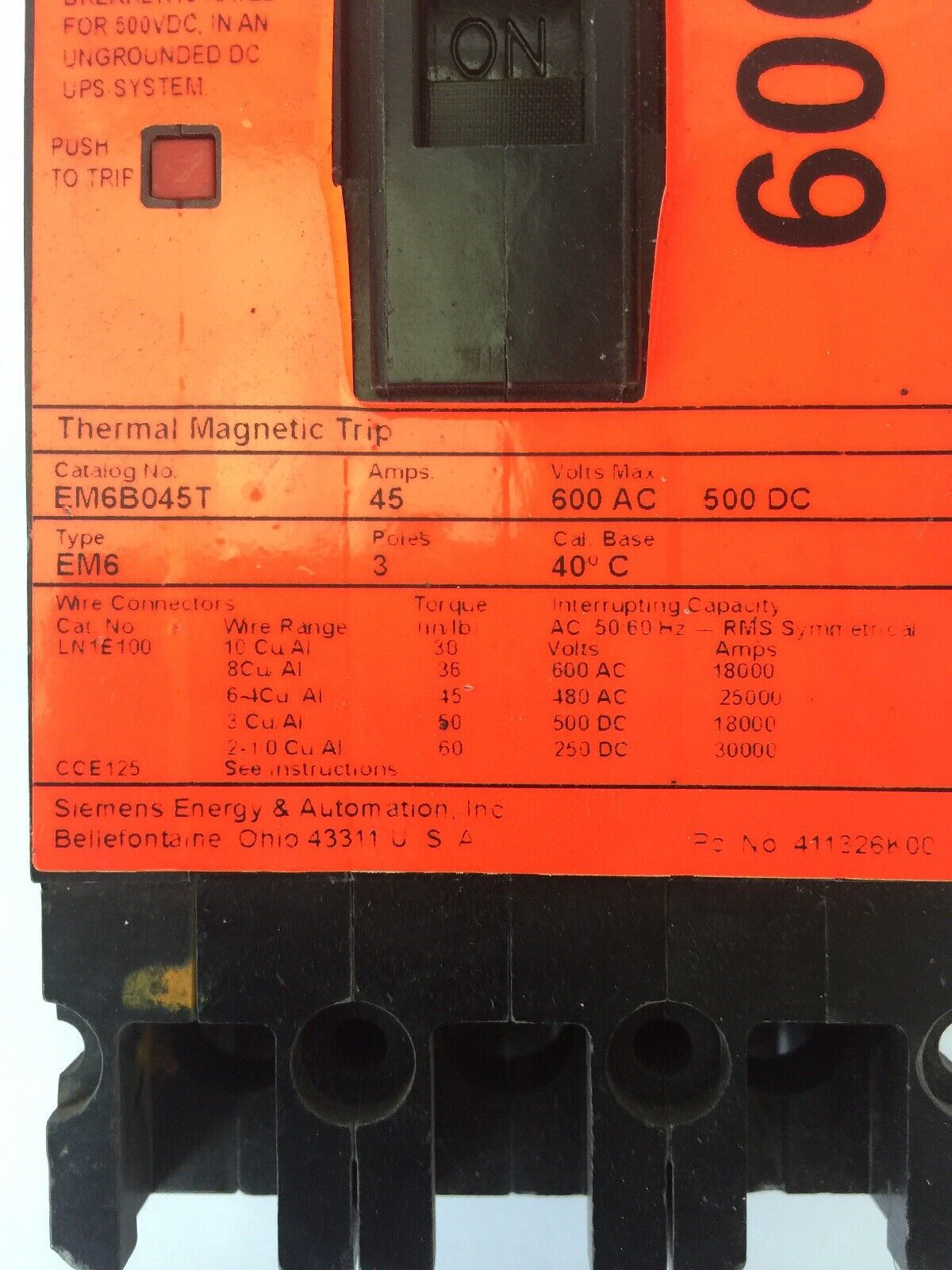 SIEMENS EM6B045T SENTRON STANDARD MINING DUTY BREAKER 45A 600VAC 500VDC 3 POLE