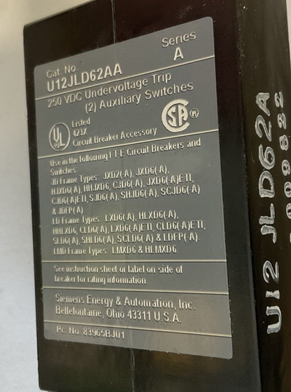 SIEMENS U12JLD62AA 250VDC UNDERVOLTAGE TRIP SER.A AUX.SWITCH