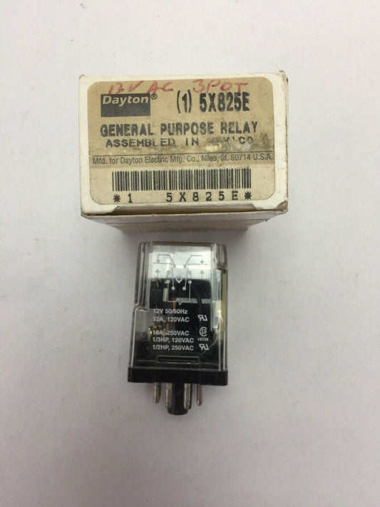 DAYTON 5X825E GENERAL PURPOSE RELAY 12V 50/60HZ 12A 120VAC 10A 250VAC 1/2HP