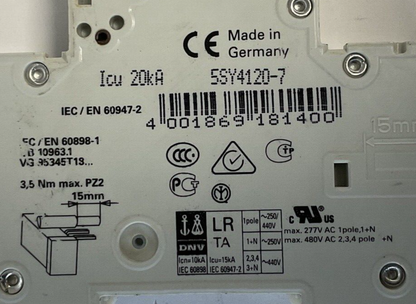 SIEMENS 5SY41 MCB C20 CIRCUIT BREAKER 230/400V 20KA