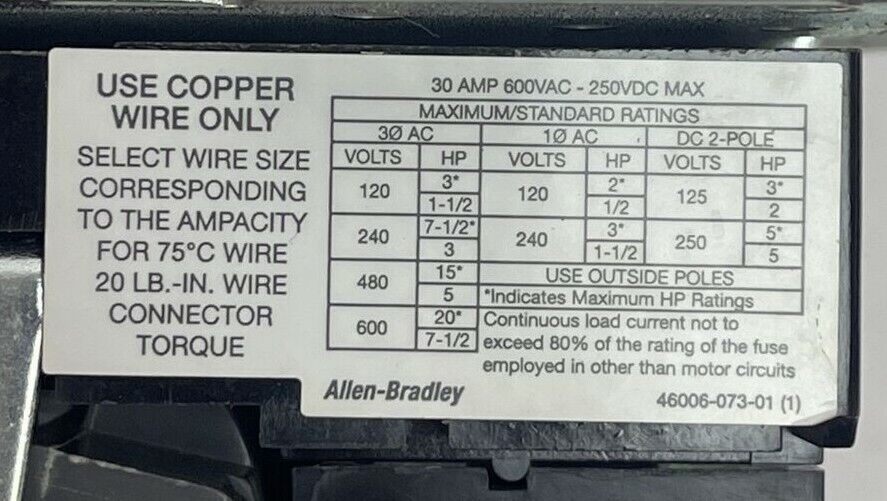 ALLEN BRADLEY 1494V-DS30 SER D DISCONNECT SWITCH 30AMP 250VDC 600VAC 7.5HP