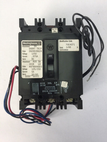 WESTINGHOUSE EB3100 CIRCUIT BREAKER 100AMP 3POLE 240VAC 2609D39G24 4979D06G03