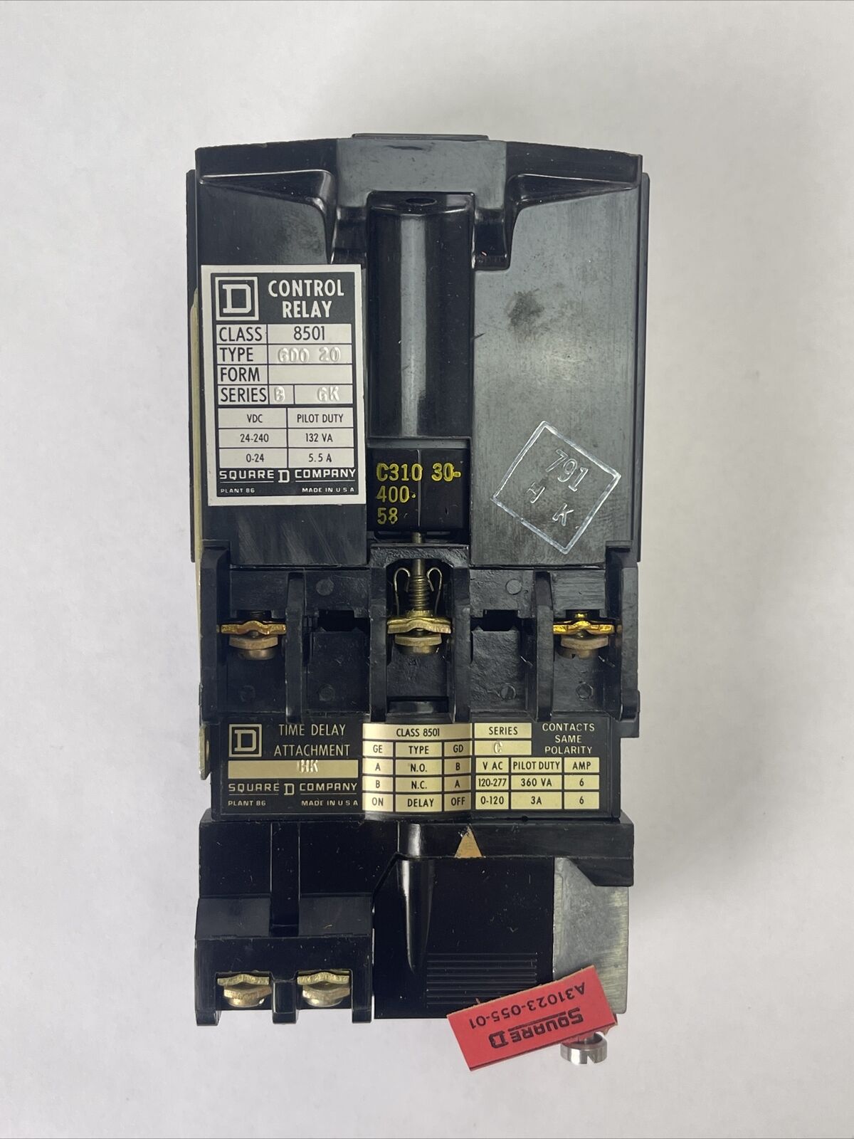 SQUARE D 8501 GD0-20-GD DC RELAY OPERATED TIMER 240VDC 132VA 5.5A COIL 115VDC